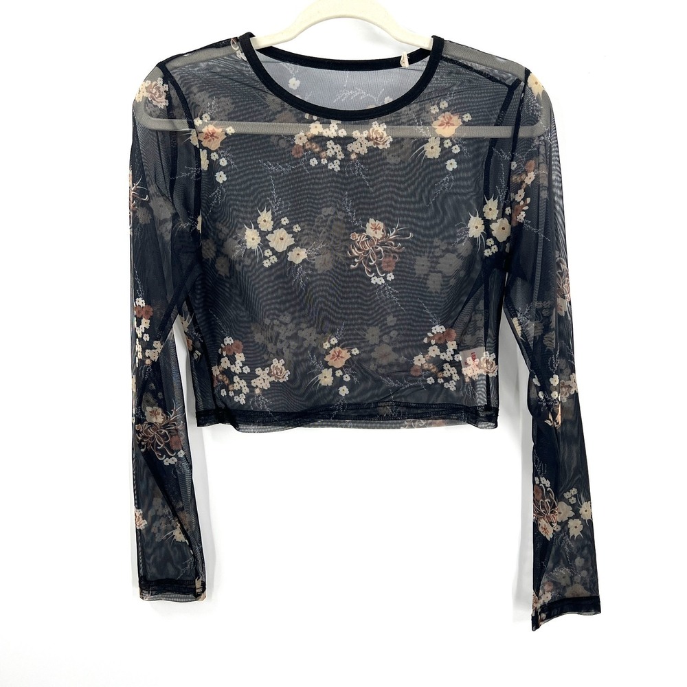 Urbanic y2k whimsigoth long sleeve sheer mesh‎ floral top crop boho rave black M